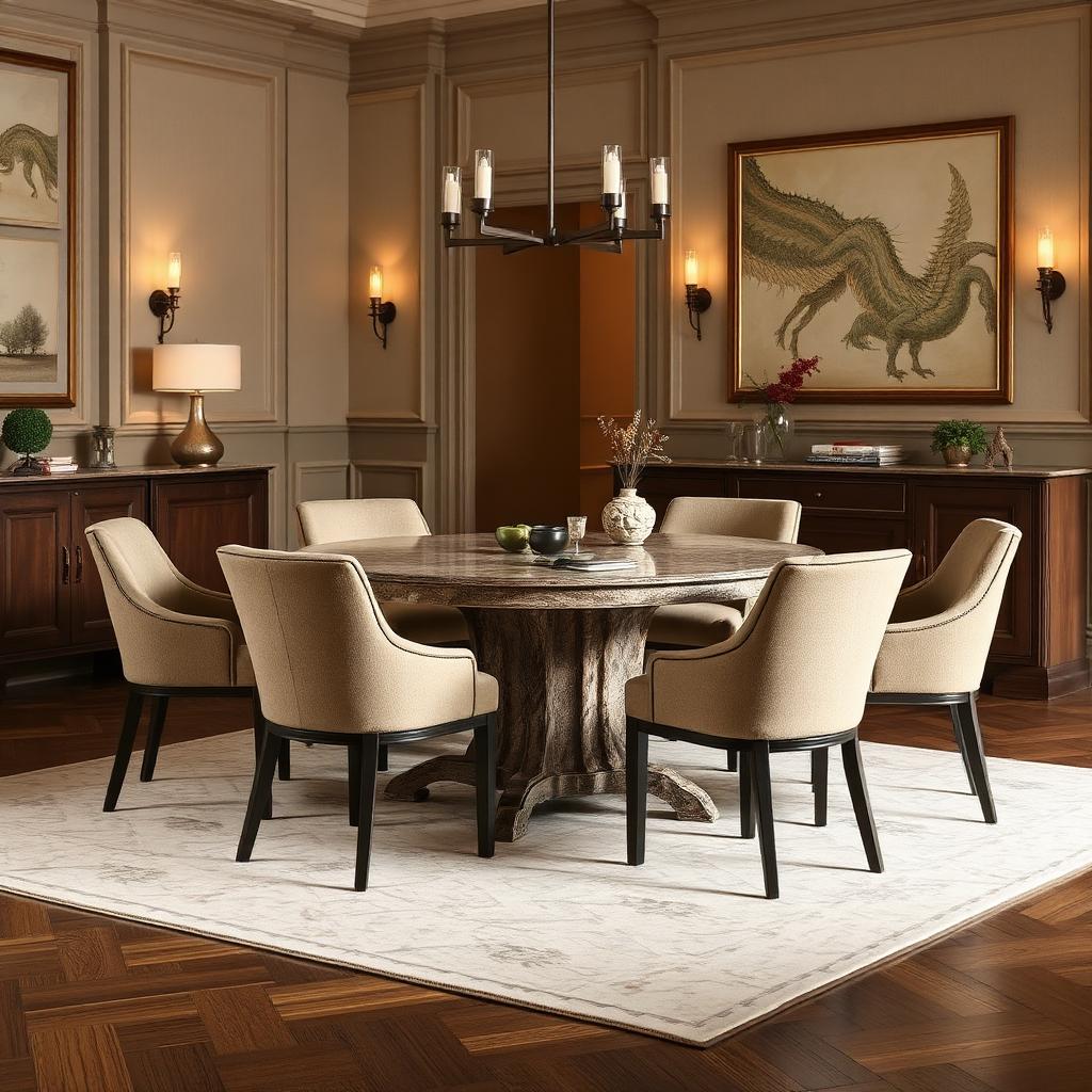 Upholstered dining chairs in taupe fabric around a dining table