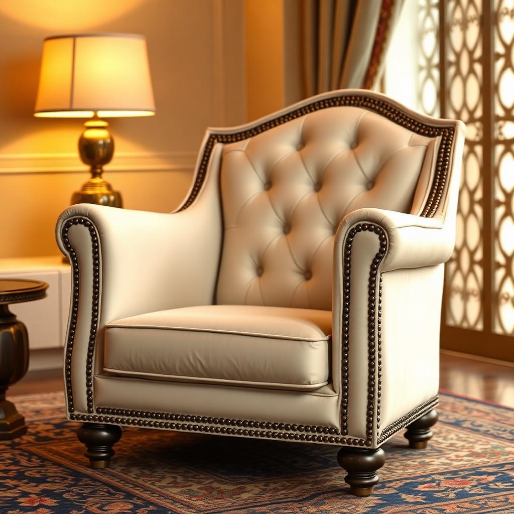 Majlis armchair with custom cream upholstery and bronze studs