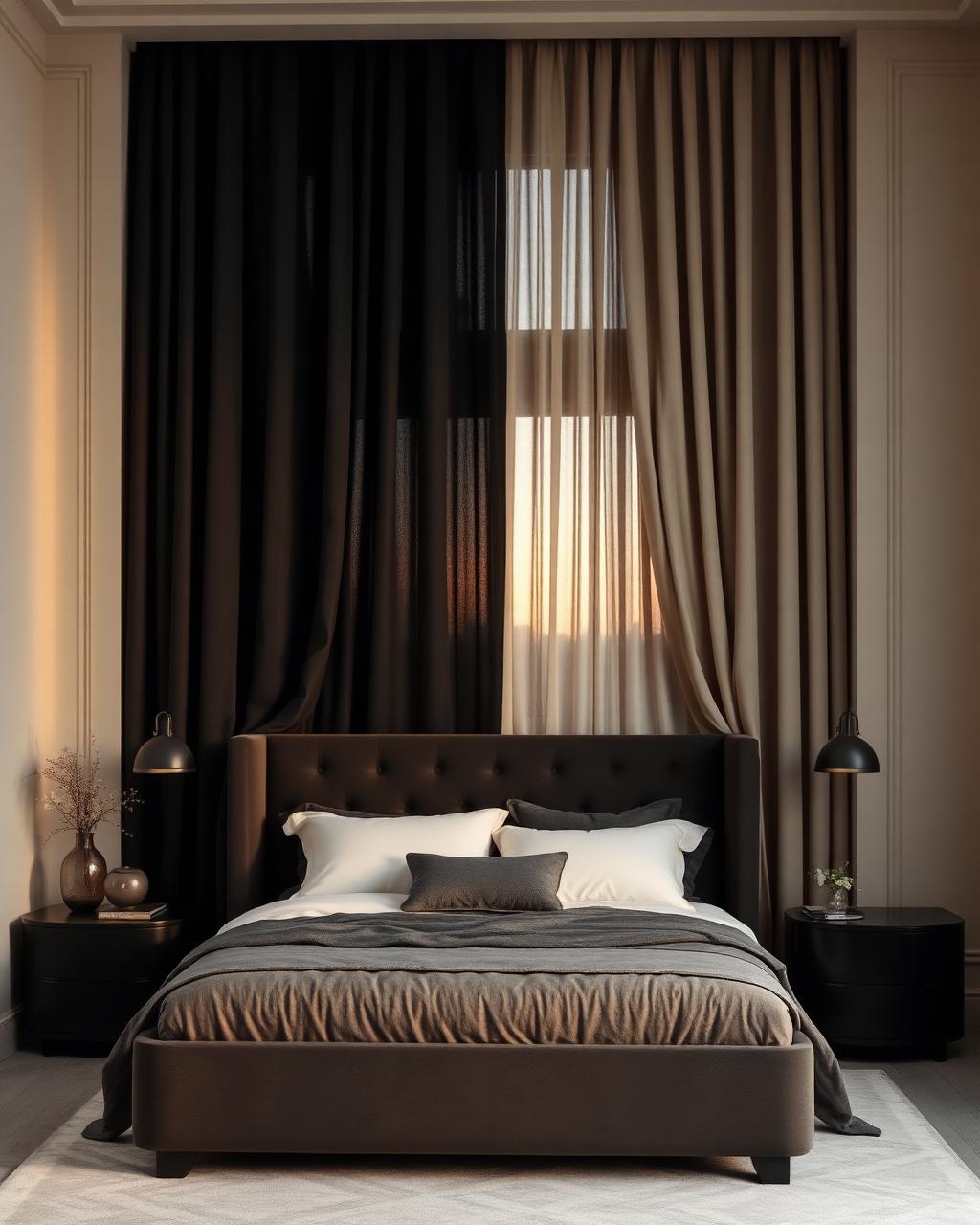 Luxury bedroom with layered blackout and sheer curtains