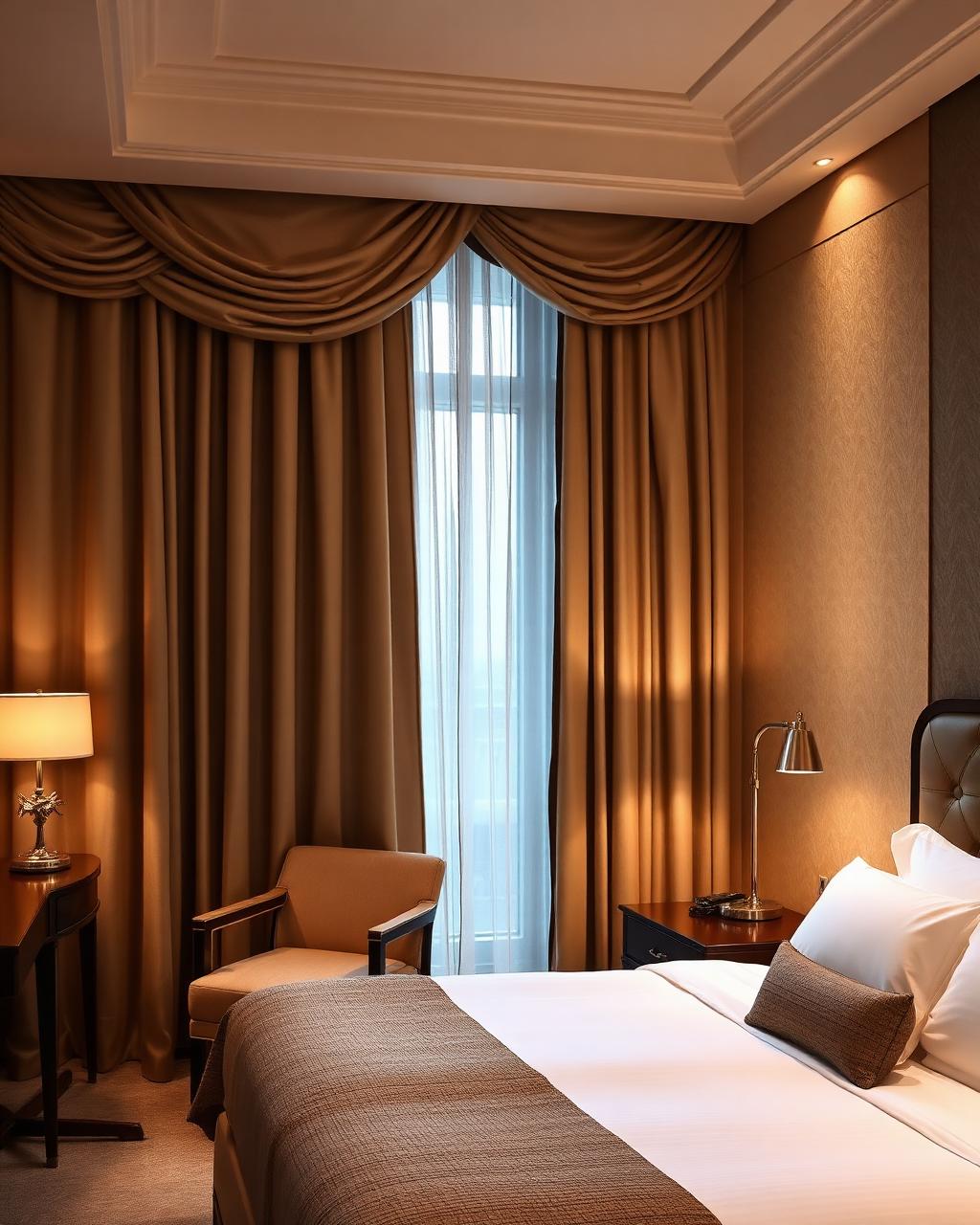 Hotel suite with layered luxurious curtains