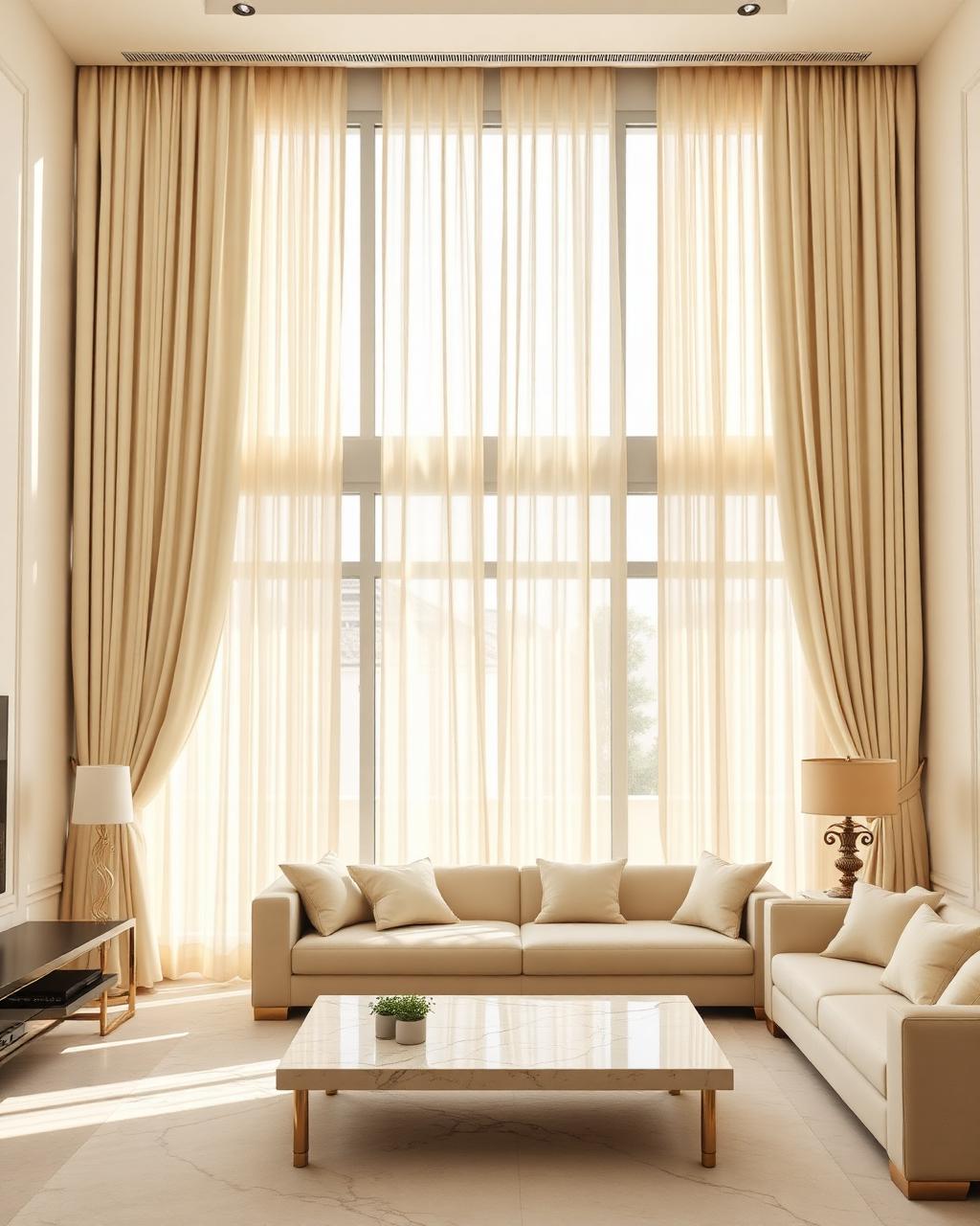 Elegant ivory curtains across a wide living room window