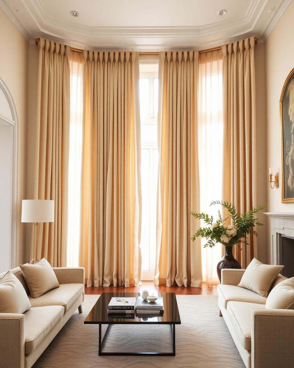 Luxury champagne pinch-pleat curtains in a villa salon in Riyadh