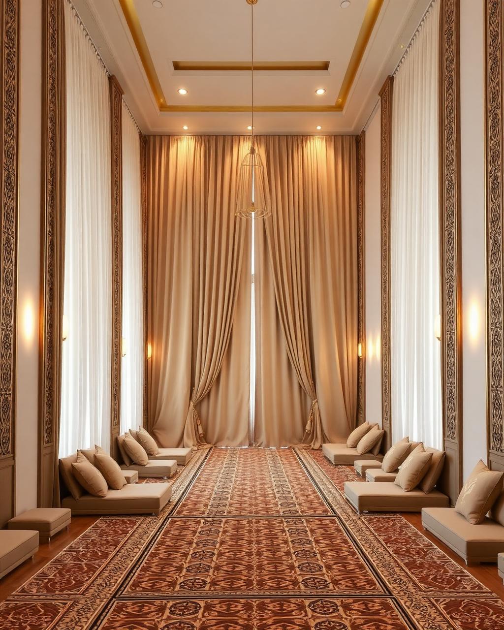 Saudi majlis with tall luxurious beige curtains and floor seating