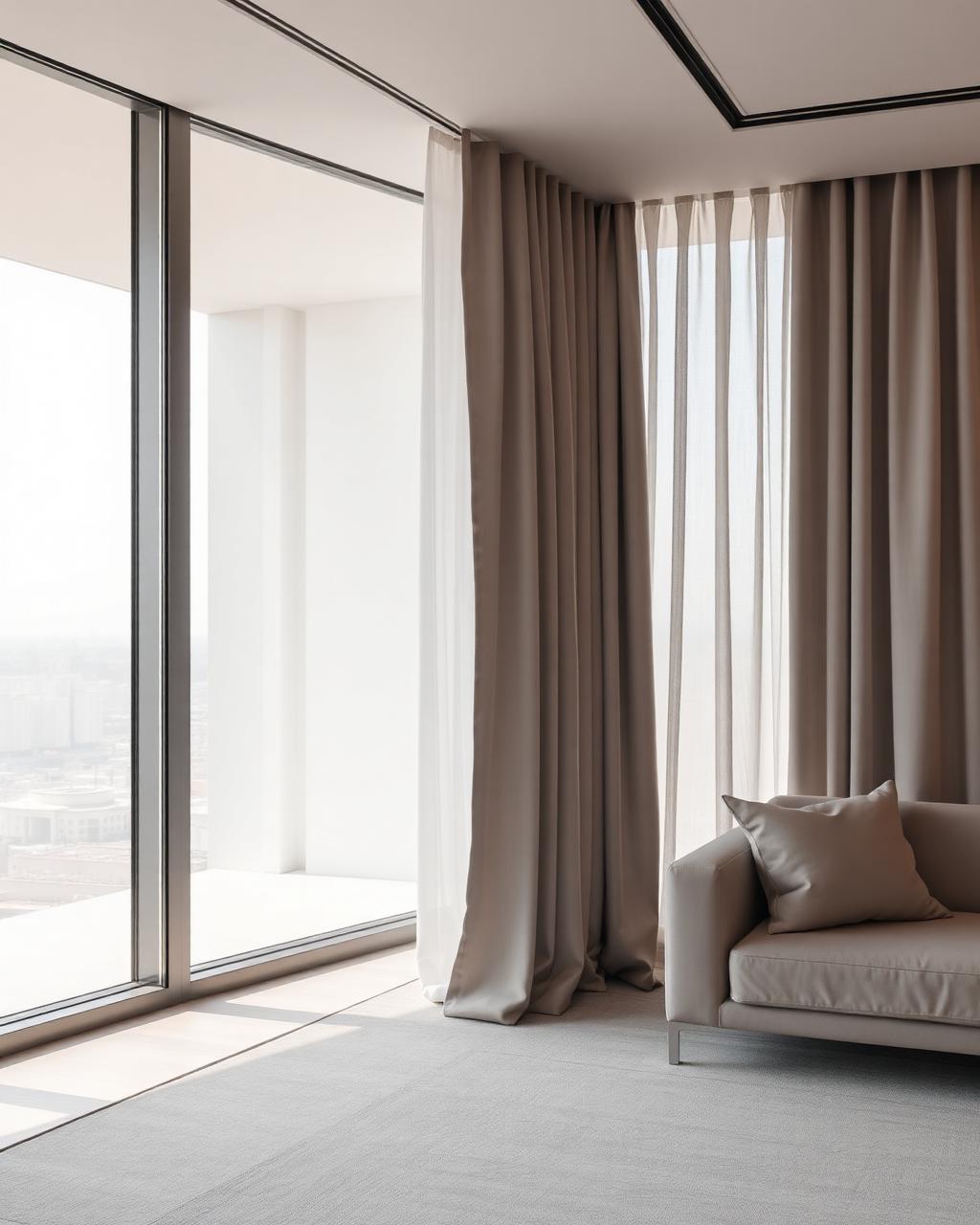 Modern stone grey curtains along a full glass wall in a penthouse