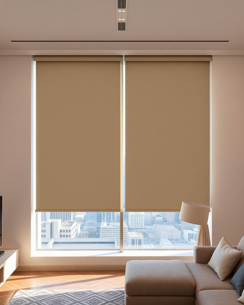 Motorized curtains on a panoramic window in a modern smart home