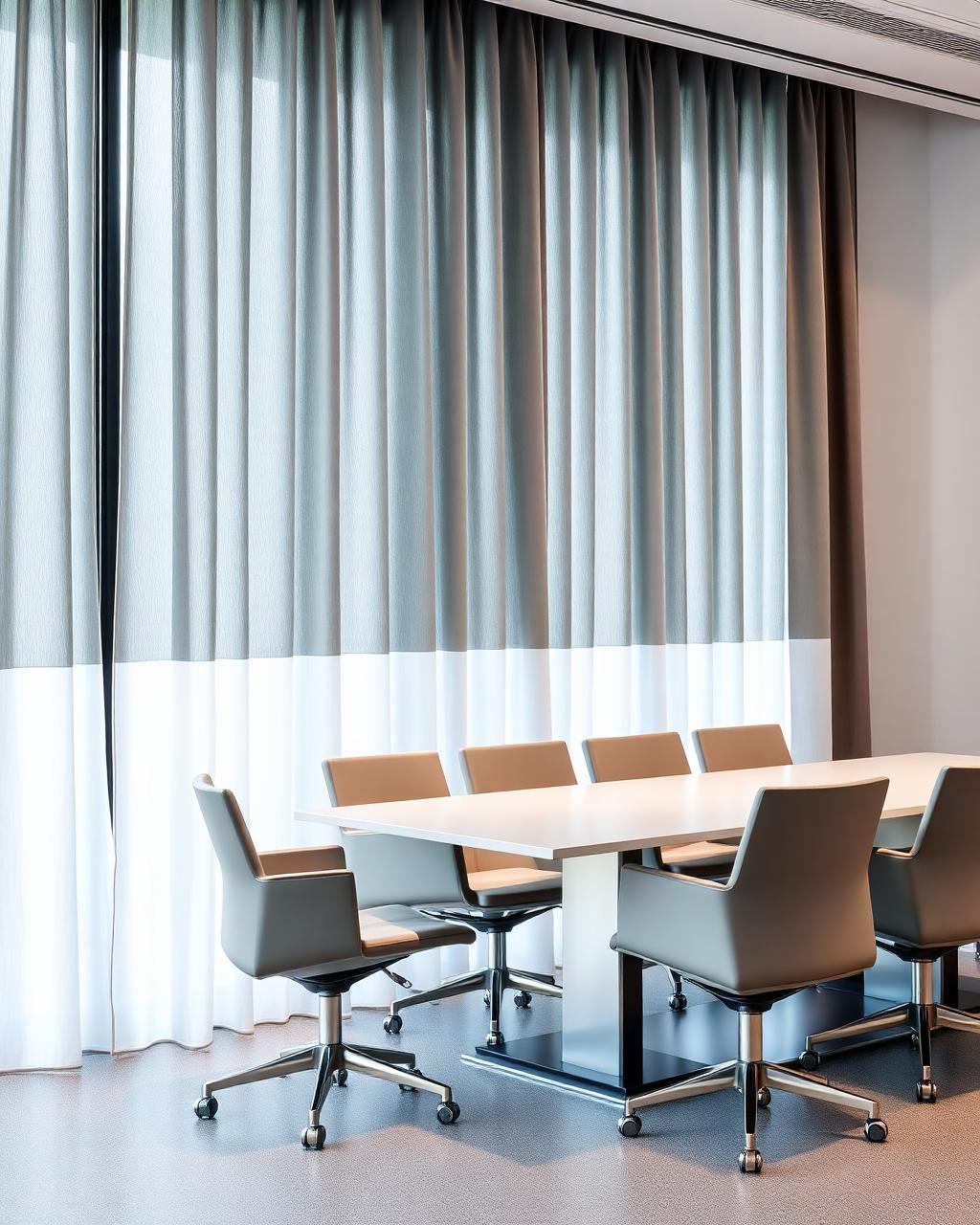 Modern office meeting room with sleek grey curtains