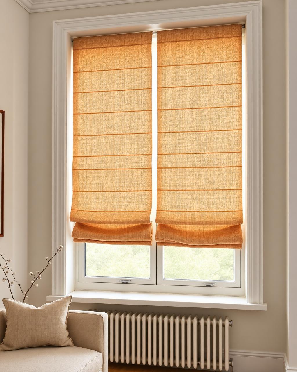 Roman shades in warm greige linen on a tall window
