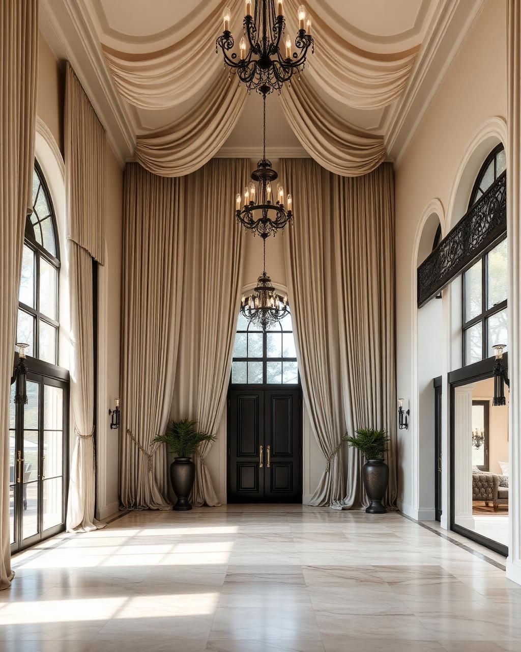 Double-height villa entrance hall with dramatic floor-to-ceiling curtains