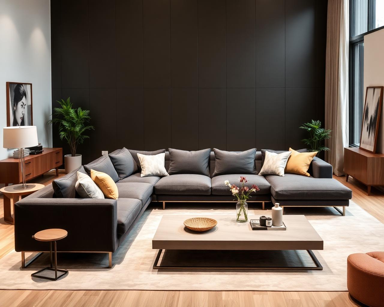 Large L-shaped charcoal sectional sofa in a modern living room